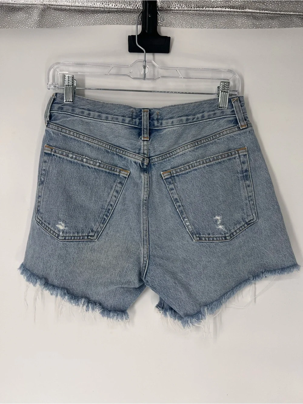 Agolde Parker Long Light Blue Distressed High Waist Cutoff Denim Shorts 26